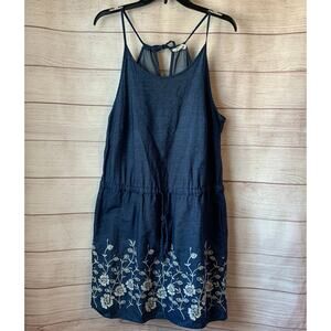 Westport Denim Sleeveless Dress White Floral Embroidery Pockets Medium Petite